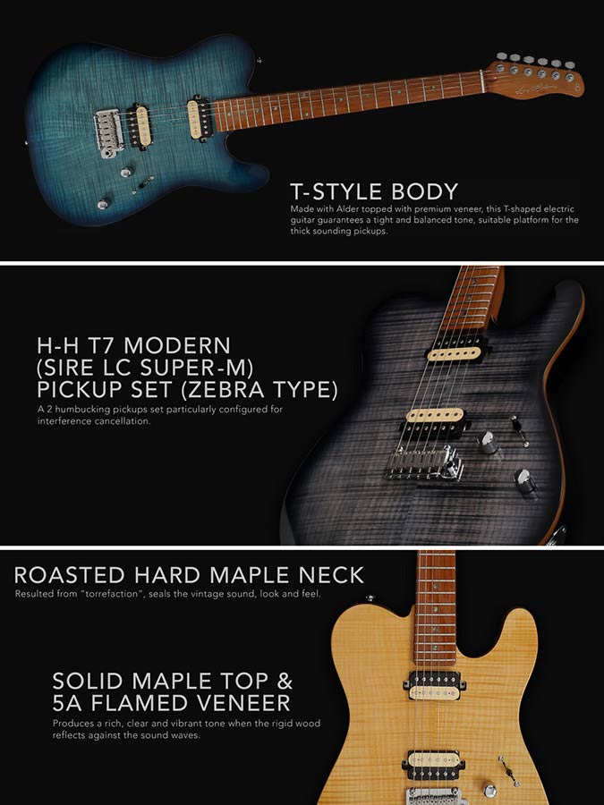 Sire Guitars - T7fm/tbl - Electric Guitar T-Style with Flamed Maple Top – Transparent Blue