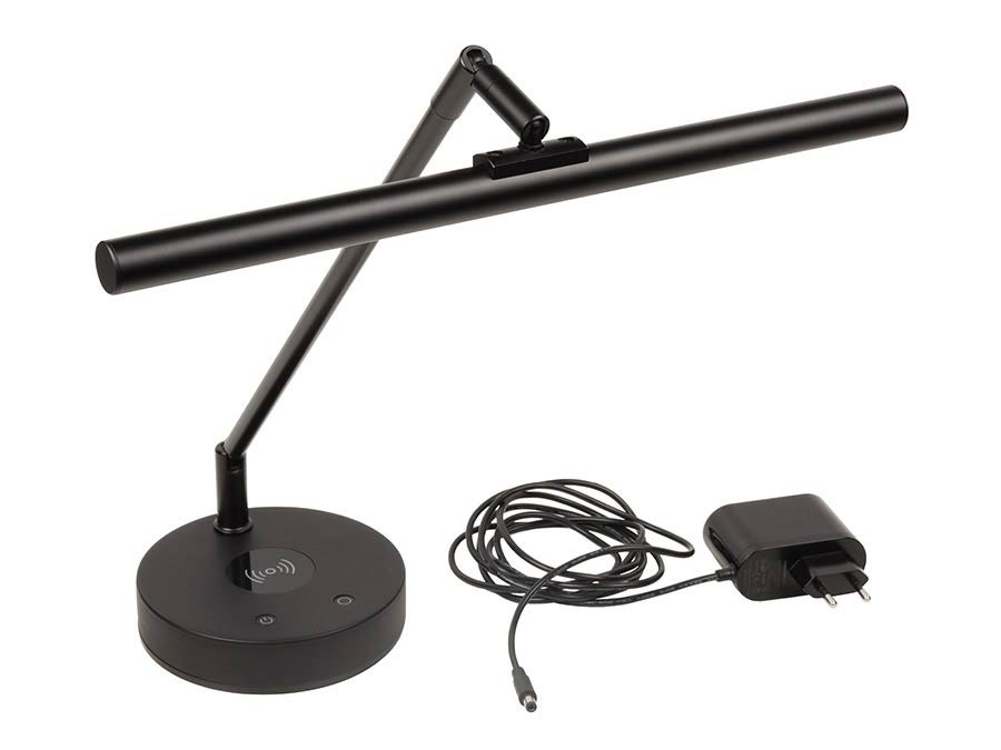 piano LED lamp T-shape with wireless charger in lamp base, black aluminium housing, incl. PSU