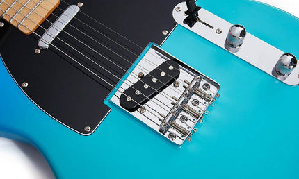 TE style electric guitar with gigbag, blue glow