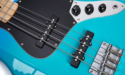 JB style electric bass guitar with gigbag, blue glow