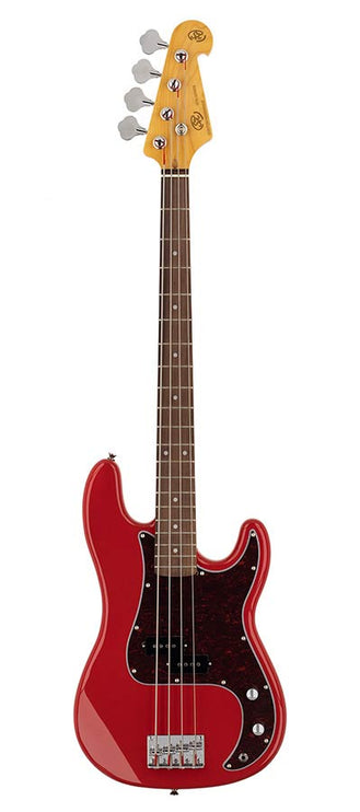 62 vintage P-style electric bass guitar, with split single coil pickup, with bag, fiesta red