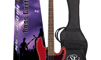 62 vintage P-style electric bass guitar, with split single coil pickup, with bag, fiesta red