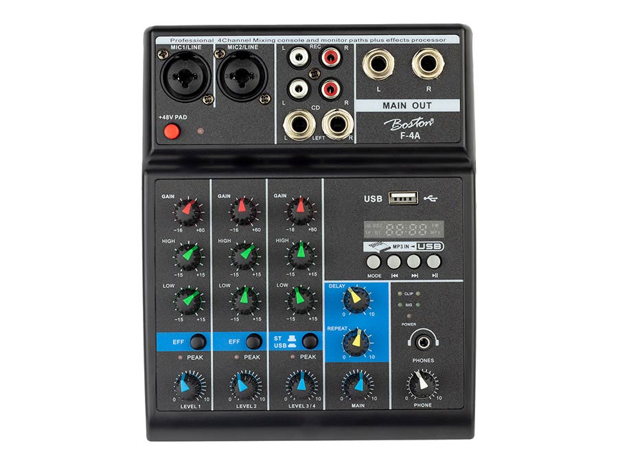 mixing console 2 mono + 2 stereo inputs, USB player, audio interface, 48V phantom power, delay