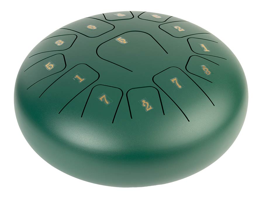 steel tongue drum 12" green, 13 notes C-Major ionian: G3-A3-B3-C4-D4-E4-F4-G4-A4-B4-C3-D3-E3