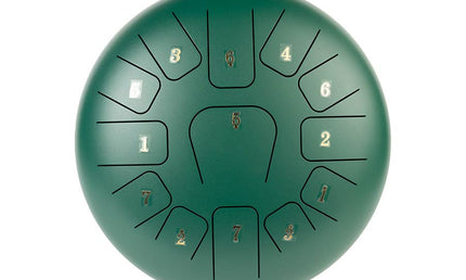 steel tongue drum 12" green, 13 notes C-Major ionian: G3-A3-B3-C4-D4-E4-F4-G4-A4-B4-C3-D3-E3