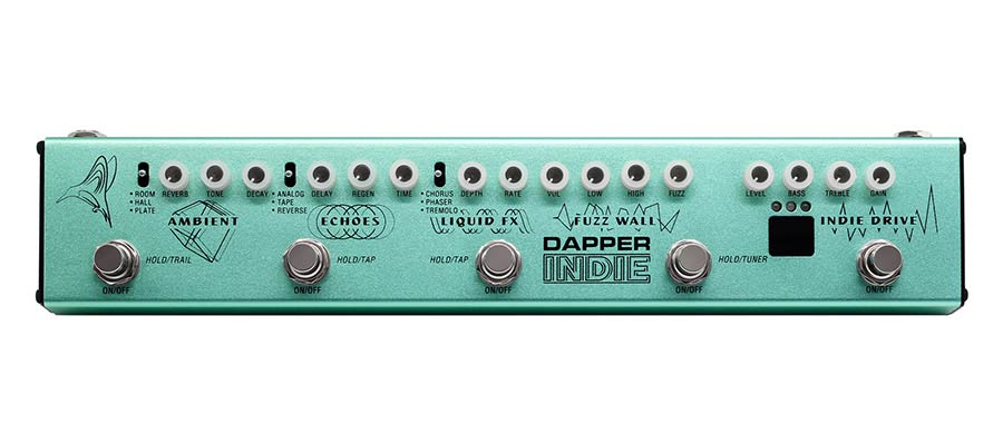 effect strip DAPPER INDIE with tuner + fuzz + echo + drive + modulation + reverb, with cab simulati