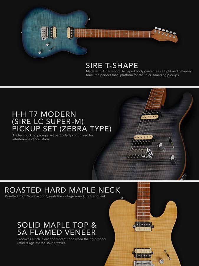Sire Guitars - T7fml/tbk - Lefty Electric Guitar T-Style Flamed Maple Top – Transparent Black
