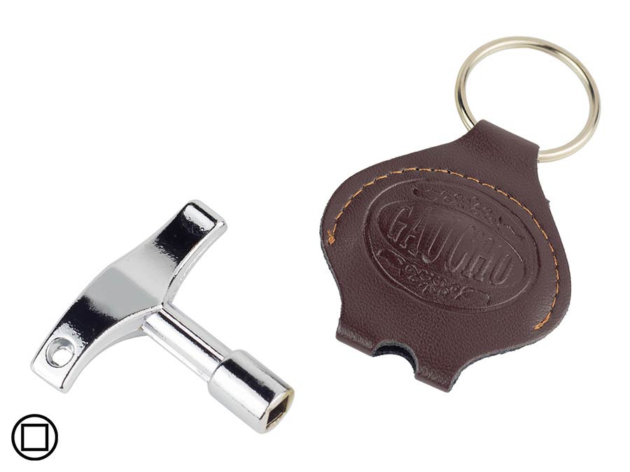 drum key T-model with leather key ring pouch (various colors)