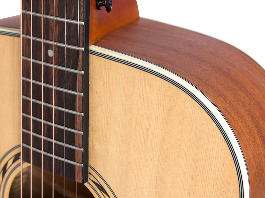 dreadnought guitar, spruce top, mahogany back & sides, amara ebony fb, natural