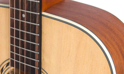 dreadnought guitar, spruce top, mahogany back & sides, amara ebony fb, natural