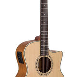 auditorium guitar, spruce top, mahogany back & sides, cutaway with EQ, amara ebony fb, natural