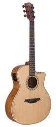 auditorium guitar, spruce top, mahogany back & sides, cutaway with EQ, amara ebony fb, natural