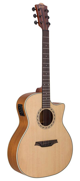auditorium guitar, spruce top, mahogany back & sides, cutaway with EQ, amara ebony fb, natural