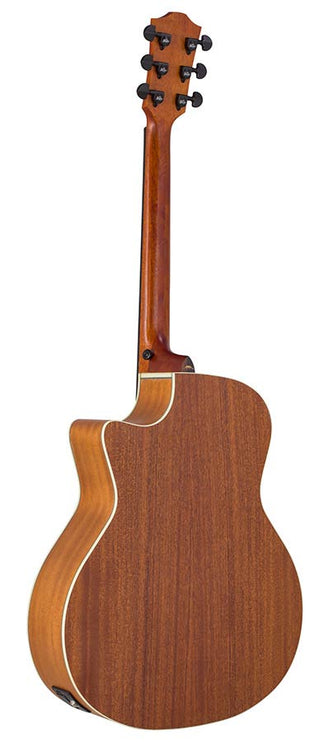 auditorium guitar, spruce top, mahogany back & sides, cutaway with EQ, amara ebony fb, natural