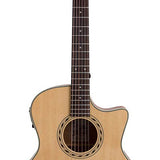 auditorium guitar, spruce top, mahogany back & sides, cutaway with EQ, amara ebony fb, natural