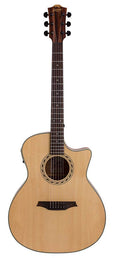 auditorium guitar, spruce top, mahogany back & sides, cutaway with EQ, amara ebony fb, natural