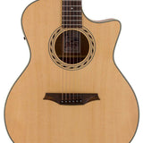 auditorium guitar, spruce top, mahogany back & sides, cutaway with EQ, amara ebony fb, natural