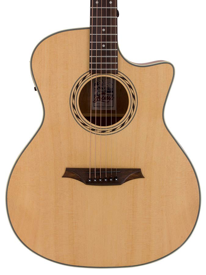 auditorium guitar, spruce top, mahogany back & sides, cutaway with EQ, amara ebony fb, natural