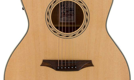 auditorium guitar, spruce top, mahogany back & sides, cutaway with EQ, amara ebony fb, natural