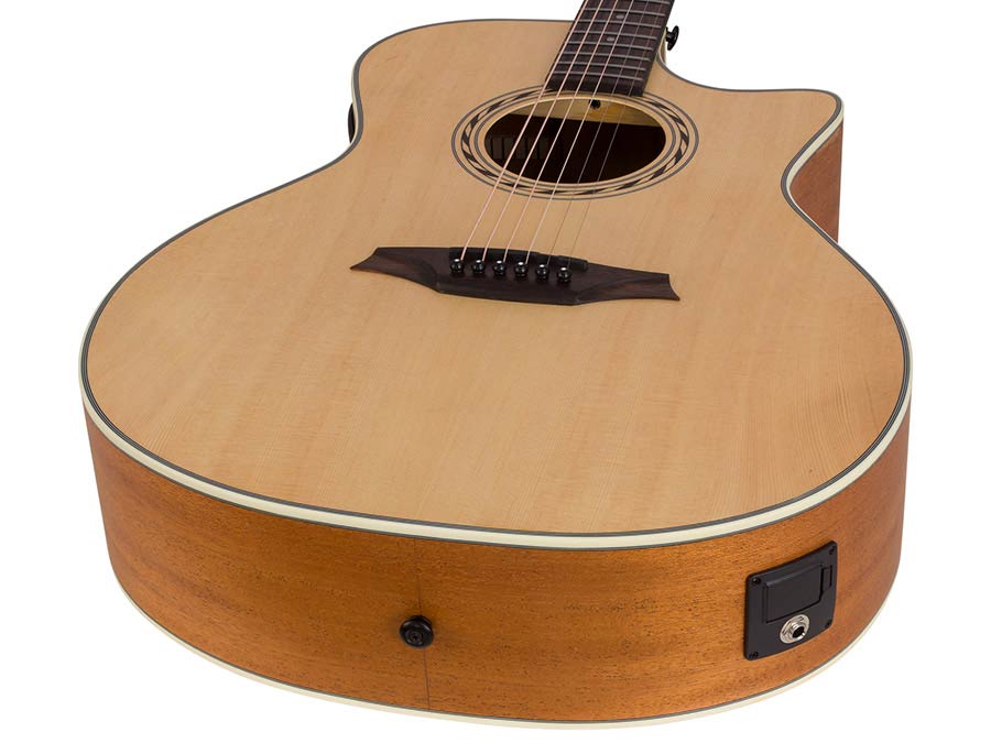 auditorium guitar, spruce top, mahogany back & sides, cutaway with EQ, amara ebony fb, natural