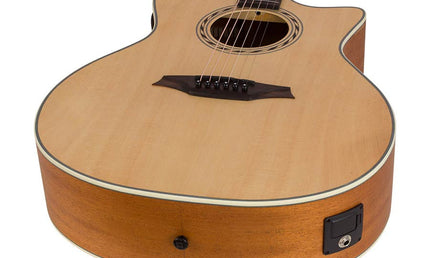 auditorium guitar, spruce top, mahogany back & sides, cutaway with EQ, amara ebony fb, natural