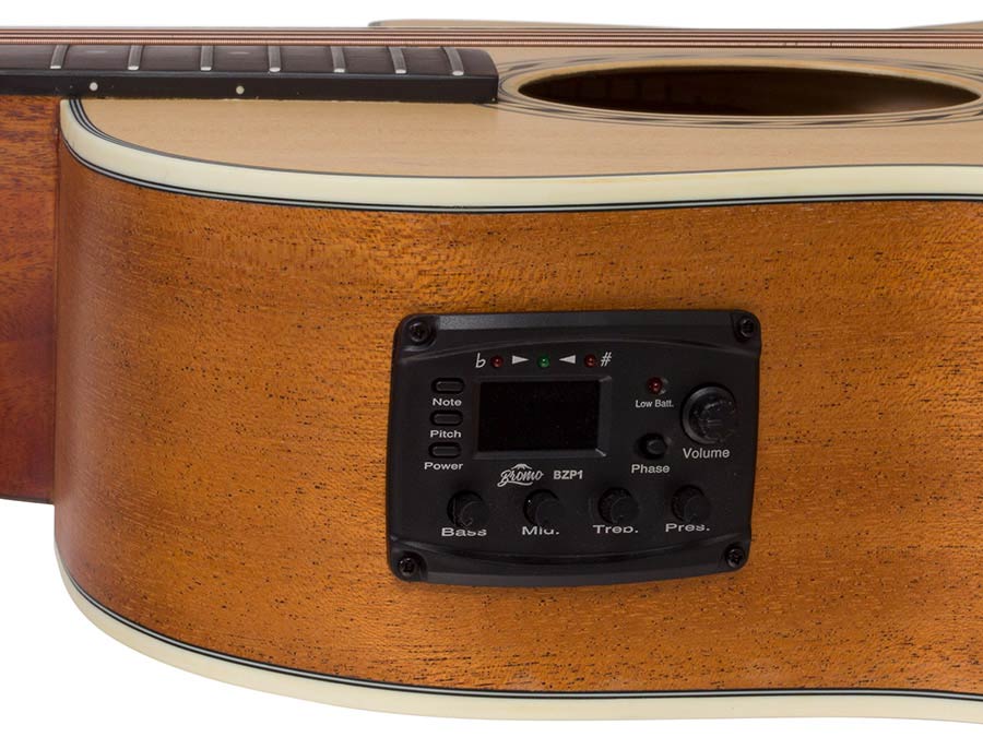 auditorium guitar, spruce top, mahogany back & sides, cutaway with EQ, amara ebony fb, natural