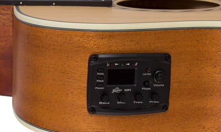 auditorium guitar, spruce top, mahogany back & sides, cutaway with EQ, amara ebony fb, natural