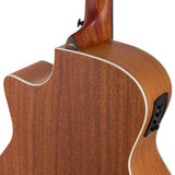 auditorium guitar, spruce top, mahogany back & sides, cutaway with EQ, amara ebony fb, natural