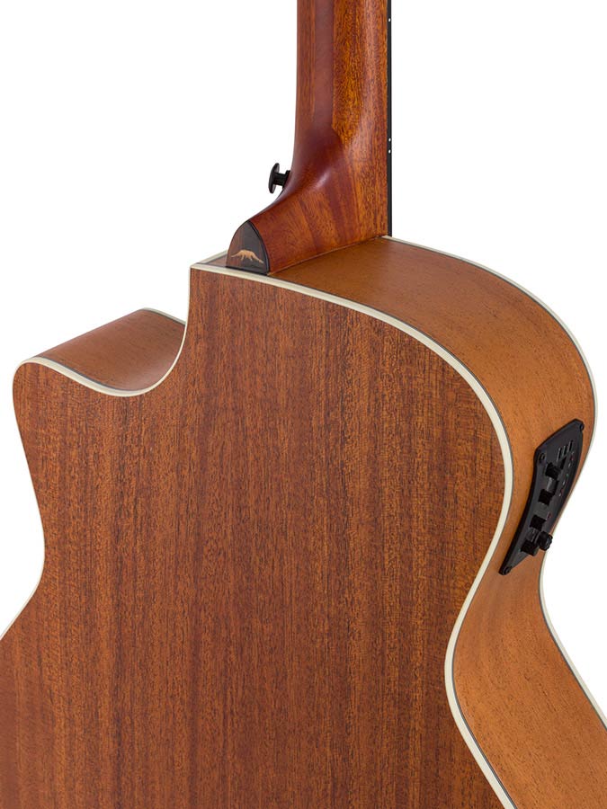 auditorium guitar, spruce top, mahogany back & sides, cutaway with EQ, amara ebony fb, natural