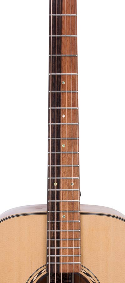 dreadnought guitar with solid spruce top, mahogany back & sides, amara ebony fb, natural