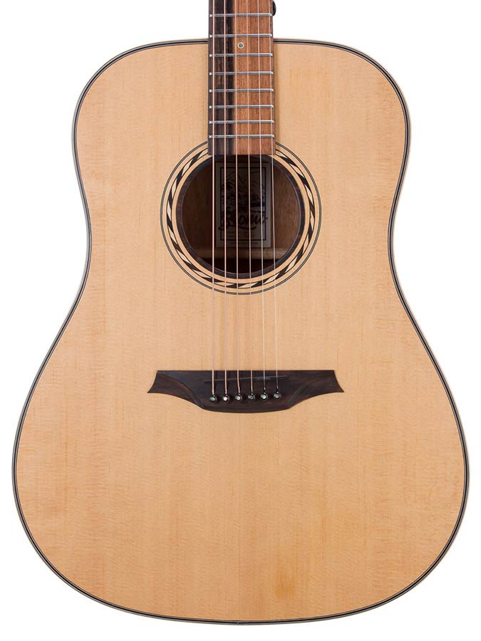 dreadnought guitar with solid spruce top, mahogany back & sides, amara ebony fb, natural