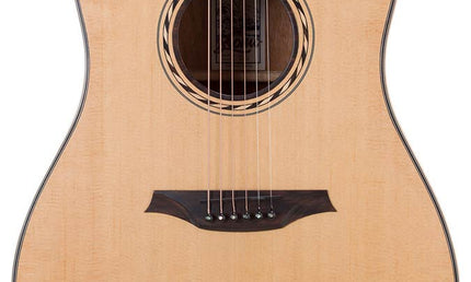 dreadnought guitar with solid spruce top, mahogany back & sides, amara ebony fb, natural