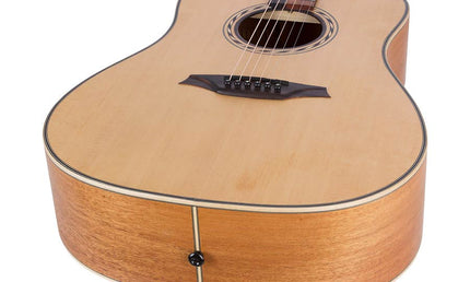 dreadnought guitar with solid spruce top, mahogany back & sides, amara ebony fb, natural