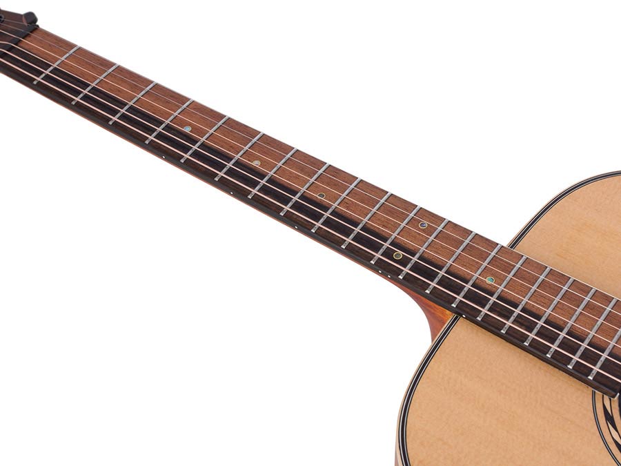 dreadnought guitar with solid spruce top, mahogany back & sides, amara ebony fb, natural