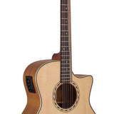 auditorium guitar with solid top, mahogany back & sides, cutaway with EQ, amara ebony fb, natural