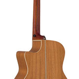 auditorium guitar with solid top, mahogany back & sides, cutaway with EQ, amara ebony fb, natural