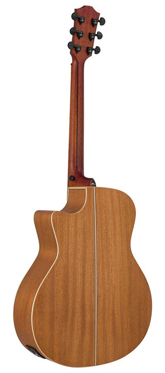 auditorium guitar with solid top, mahogany back & sides, cutaway with EQ, amara ebony fb, natural
