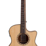 auditorium guitar with solid top, mahogany back & sides, cutaway with EQ, amara ebony fb, natural