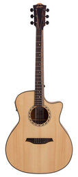 auditorium guitar with solid top, mahogany back & sides, cutaway with EQ, amara ebony fb, natural