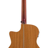 auditorium guitar with solid top, mahogany back & sides, cutaway with EQ, amara ebony fb, natural