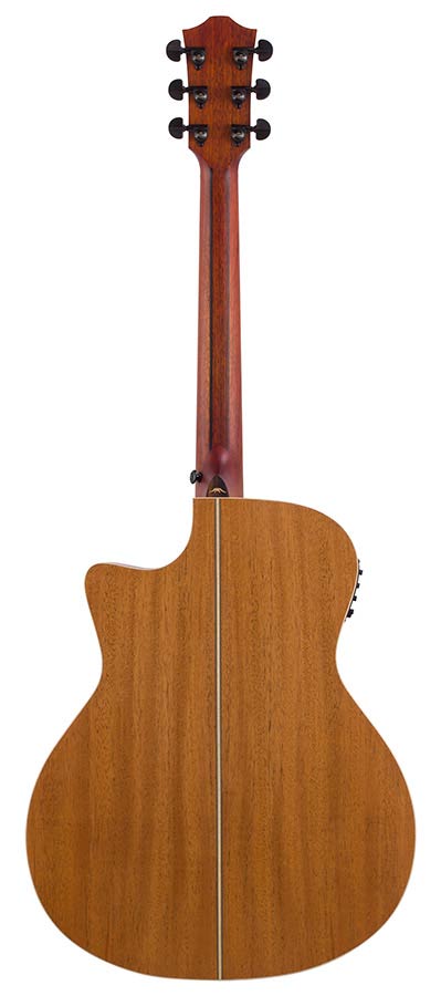 auditorium guitar with solid top, mahogany back & sides, cutaway with EQ, amara ebony fb, natural