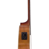 auditorium guitar with solid top, mahogany back & sides, cutaway with EQ, amara ebony fb, natural
