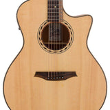 auditorium guitar with solid top, mahogany back & sides, cutaway with EQ, amara ebony fb, natural