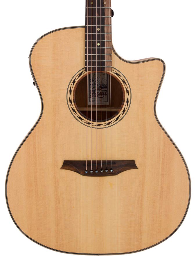 auditorium guitar with solid top, mahogany back & sides, cutaway with EQ, amara ebony fb, natural