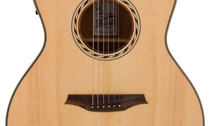 auditorium guitar with solid top, mahogany back & sides, cutaway with EQ, amara ebony fb, natural