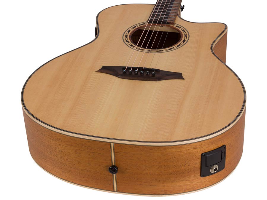auditorium guitar with solid top, mahogany back & sides, cutaway with EQ, amara ebony fb, natural