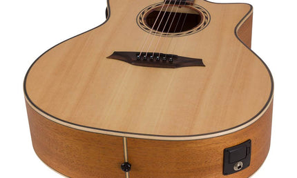 auditorium guitar with solid top, mahogany back & sides, cutaway with EQ, amara ebony fb, natural