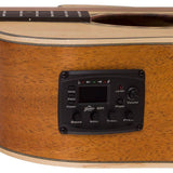 auditorium guitar with solid top, mahogany back & sides, cutaway with EQ, amara ebony fb, natural
