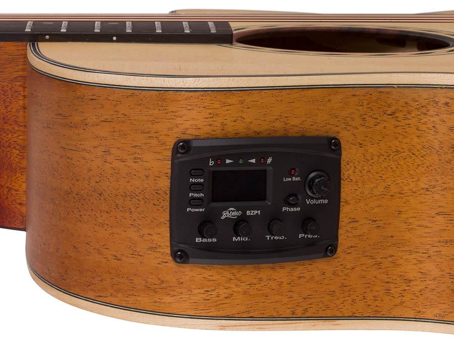 auditorium guitar with solid top, mahogany back & sides, cutaway with EQ, amara ebony fb, natural