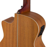 auditorium guitar with solid top, mahogany back & sides, cutaway with EQ, amara ebony fb, natural